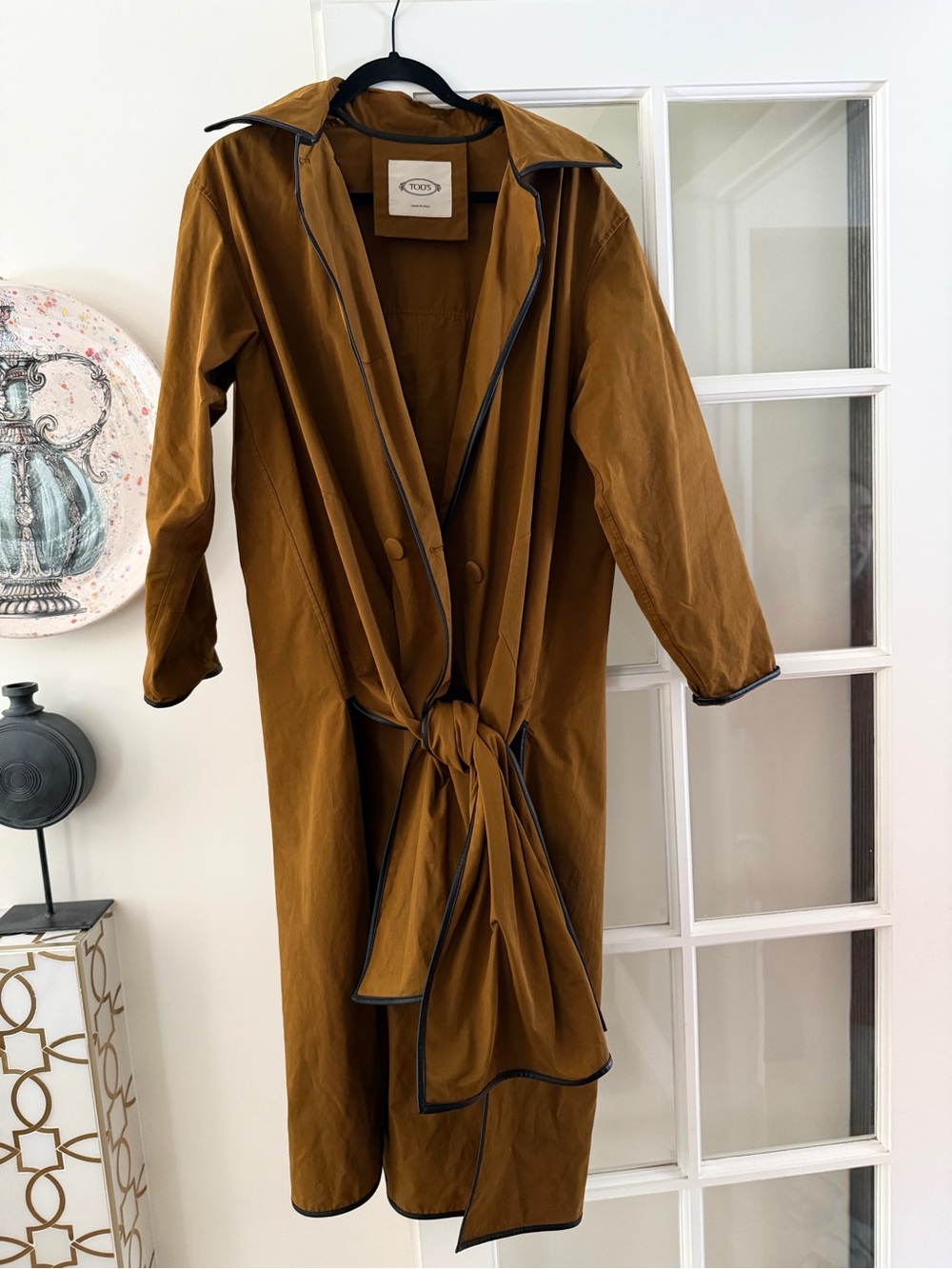 TOD'S Camel Brown Trench Coat with Black leather Trim